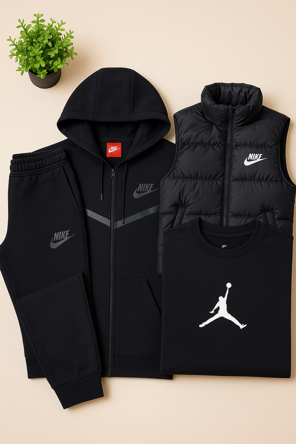 NK™ Full Outfit Tech – Hoodie, Joggers, Puffer Vest & Jordan T-Shirt