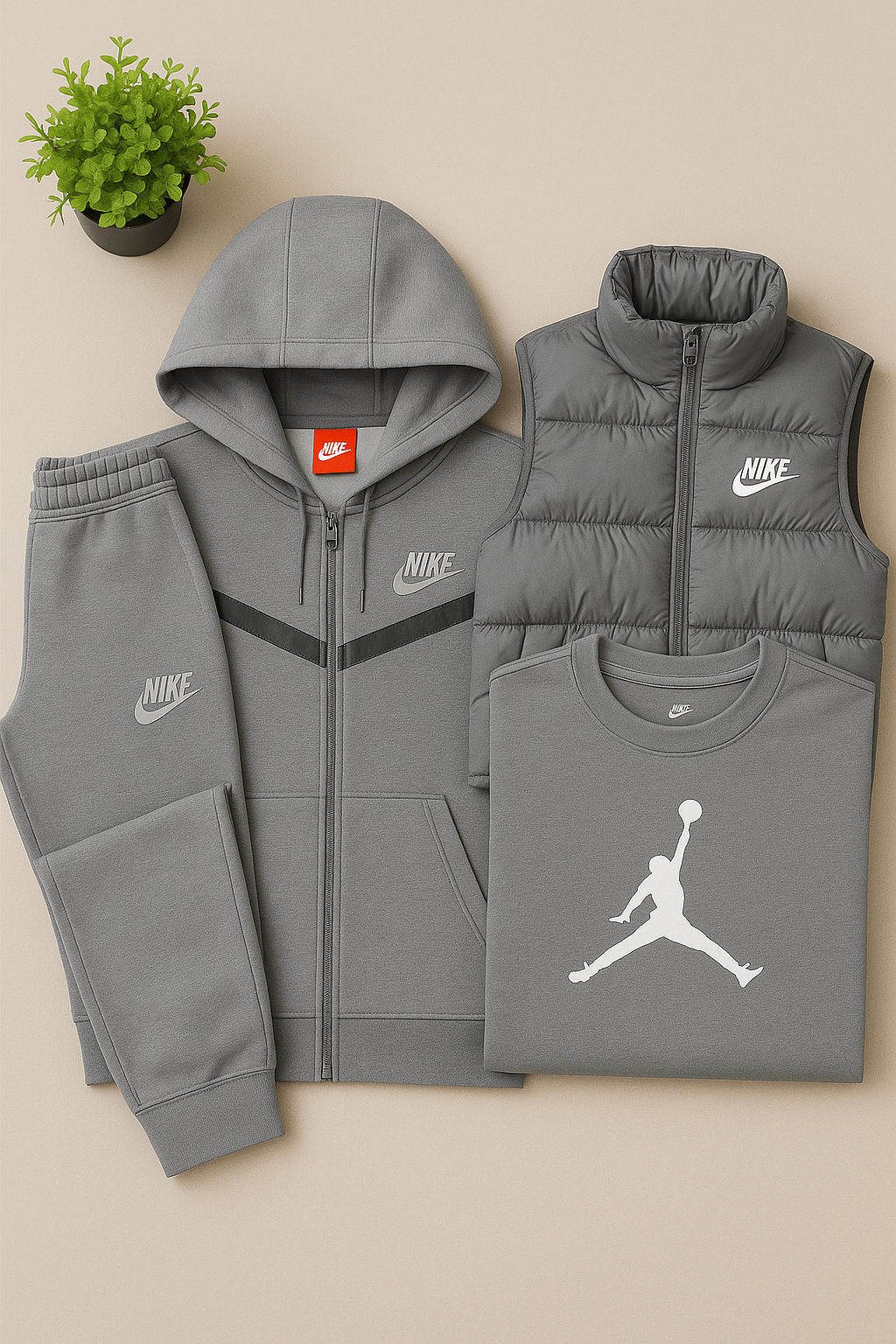 NK™ Full Outfit Tech – Hoodie, Joggers, Puffer Vest & Jordan T-Shirt